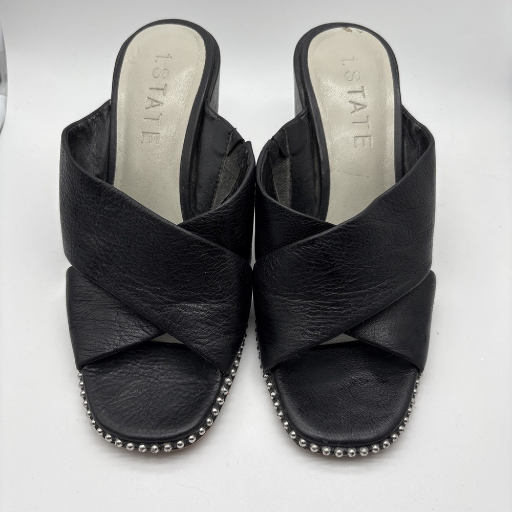 1 State Black Leather Strappy Chunky Square‎ Toe Embellished Mule,8M